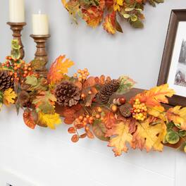 Northlight - Acorns, Pinecones and Mixed Autumn Foliage Artificial Fall Harvest Garland - 5' x 8" - Orange