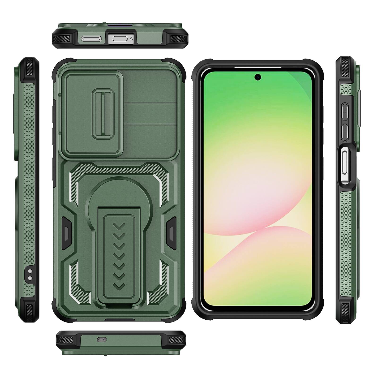 Alt View 4. Dteck - Rugged Stand Case for Samsung Galaxy S26,Shockproof Heavy Duty Cover With Sliding Lens Cover+Tempered Glass Flim - Green.