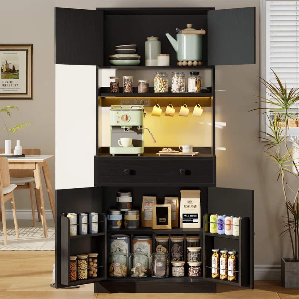 Furnulem - 71 In Kitchen Pantry Storage Cabinet With Doors Drawer Farmhouse Pantry Cabinet With Power Outlet Led Light - Black