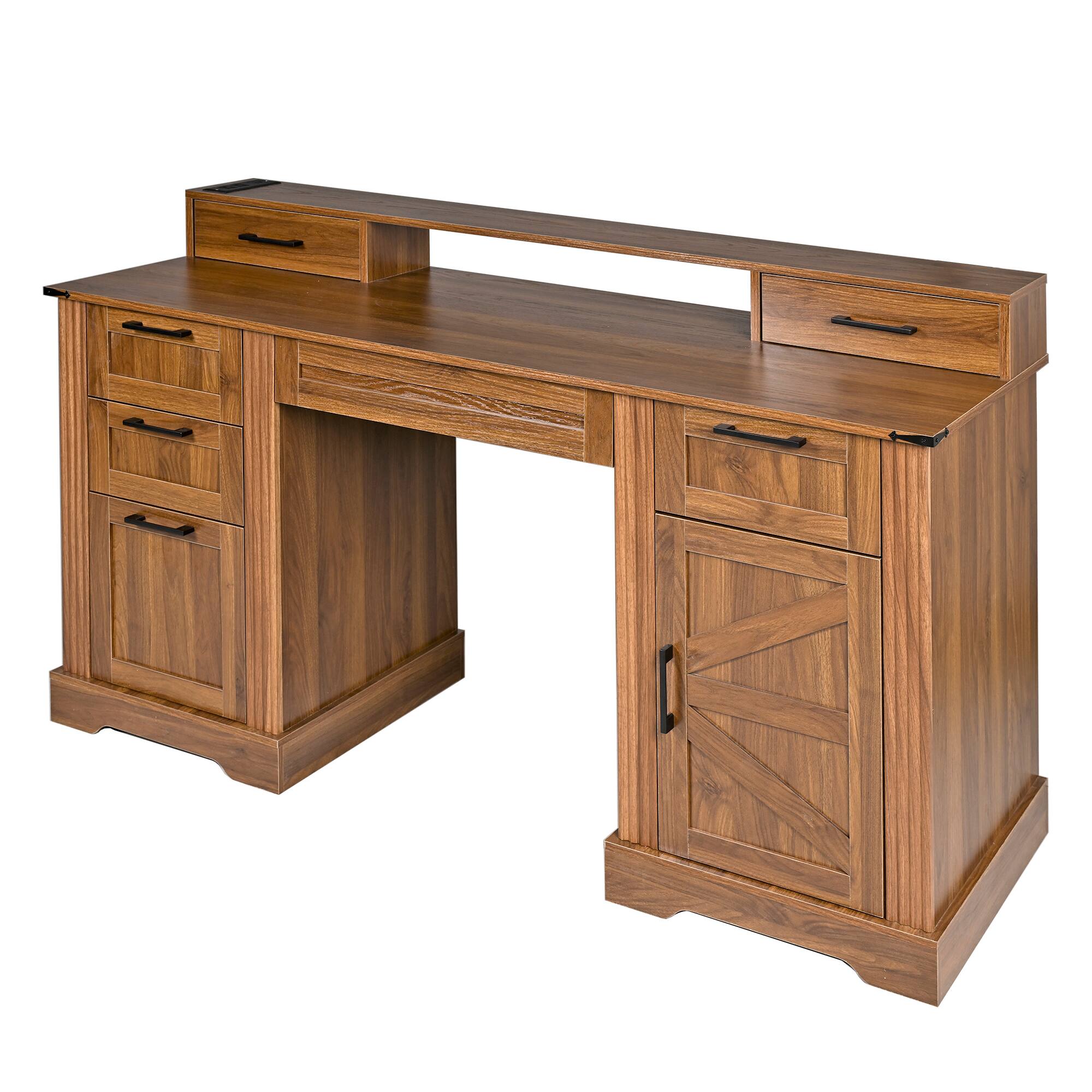 Alt View 3. Boyel Living - 59 Inch Farmhouse Desk with Charging Station and Barn Door Cabinet Dark Walnut - Light Oak.