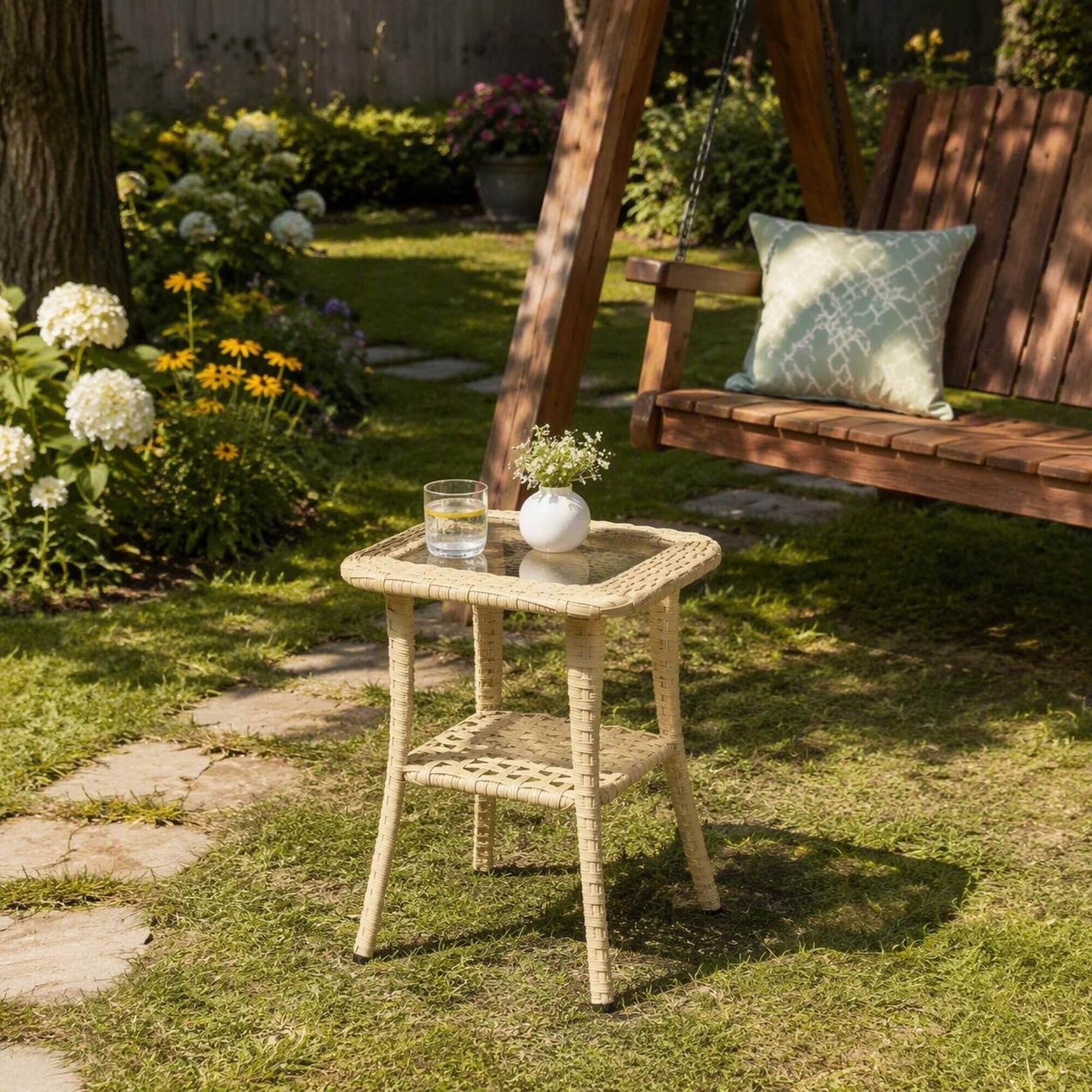 Alt View 2. RYHNUYNE - Outdoor 2-Tier Wicker Patio Side Table with Tempered Glass Top Storage Shelf,End Table for Balcony Garden Porch - Yellow.