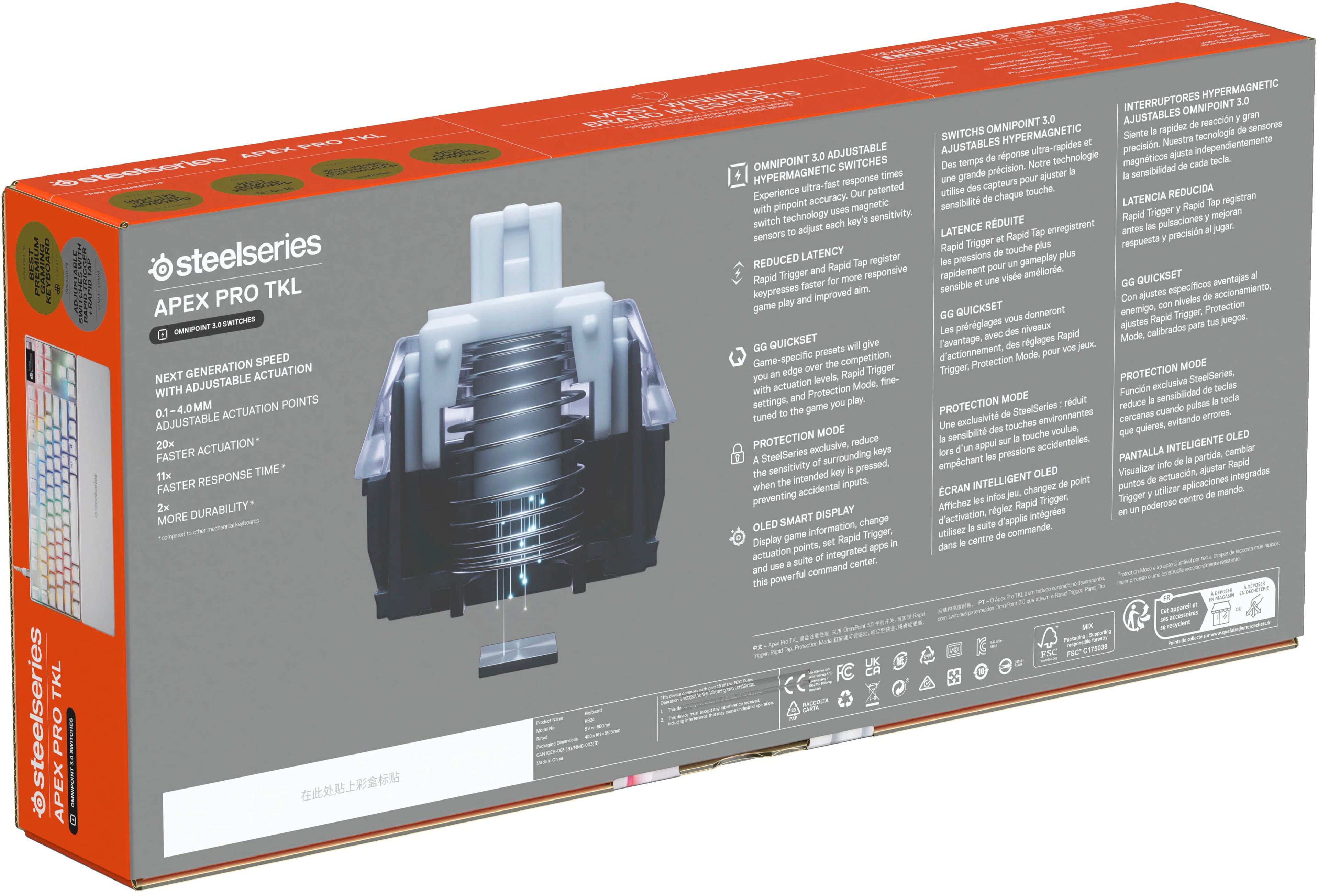 The text on the image is grouped and corrected as follows:
"Steelseries Apex Pro TKL E Series:
* TKL AREK sesleies CAMINE AROVEO steelseries PRO TKL E SPEED NEXT GENERATION ACTUATION WITH ADJUSTABLE 0.1-4.0MM POINTS ACTUATION ADJUSTABLE FASTER ACTUATION FASTER RESPONSE MORE DURABILITY* TKL steelseries APEX PRO WINAAIC HYPERMAGNETIC FAST INTERRUPTORES OMNIPOINT OMNIPOINT AJUSTABLES reaccin SWITCHES rapidez sendores HYPERMAGNETIC Siente Nuestra tecnologia ADJUSTABLE AJUSTABLES rponse ultra-rapides precisin. independientemente OMNIPOINT SWITCHES technologie magnticos HYPERMAGNETIC grande prcision. ajuster sensibilidad ultra-fast response capteurs Experience patented chaque touche. LATENCIA REDUCIDA registran pinpoint accuracy. magnetic sensibilit technology sensitivity. Trigger mejoran adjust LATENCE RDUITE enregistrent pulsaciones Rapid respuesta precisin Rapid Trigger touche REDUCED LATENCY register pressions gameplay Rapid responsive rapidement amlionle Rapid Trigger QUICKSET aventajas keypresses aldiense especficos accionamiento, improved"