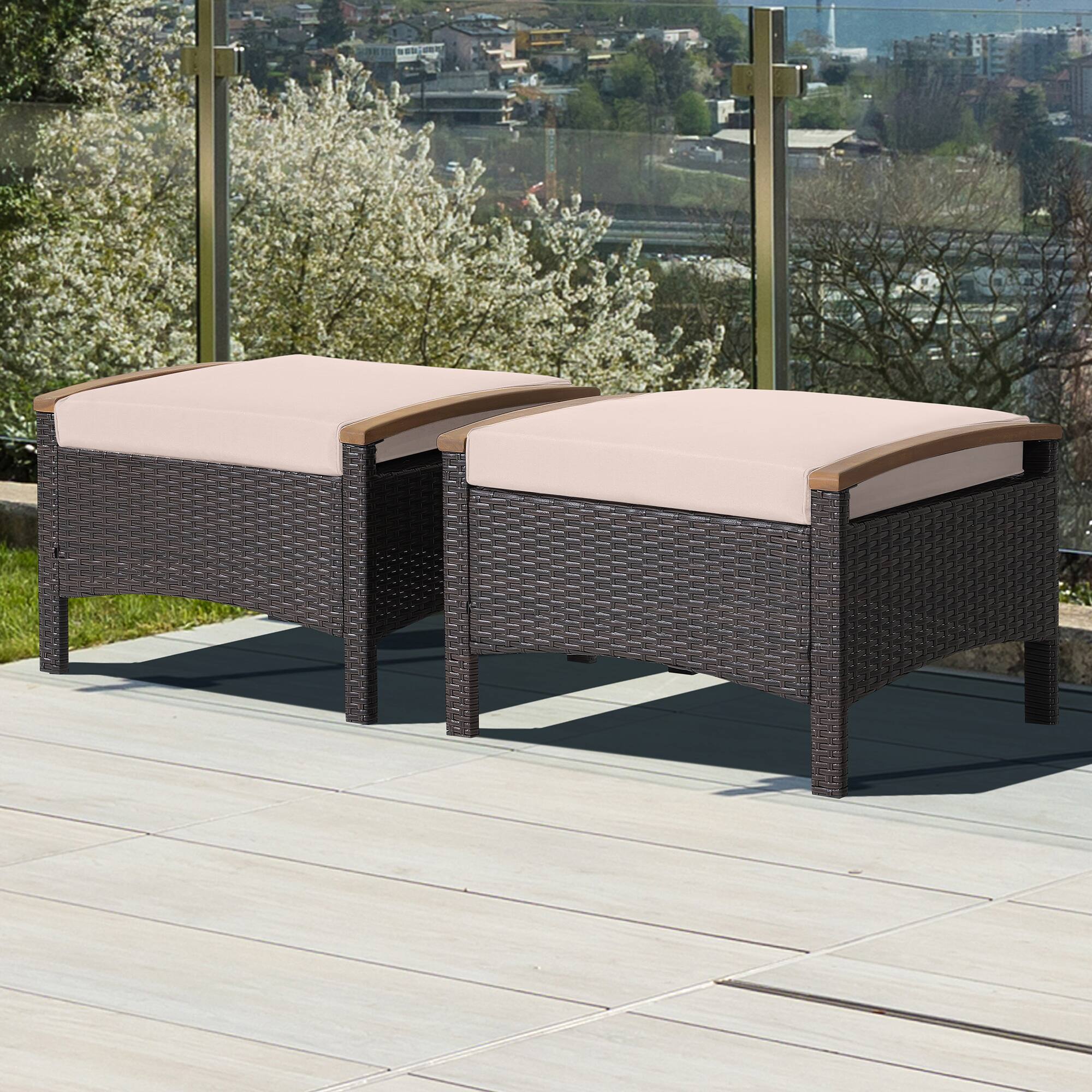 Alt View 2. Costway - Costway Set of 2 Patio Rattan Ottoman Footrest Cushions Wooden Handle - Mix Brown,Beige.