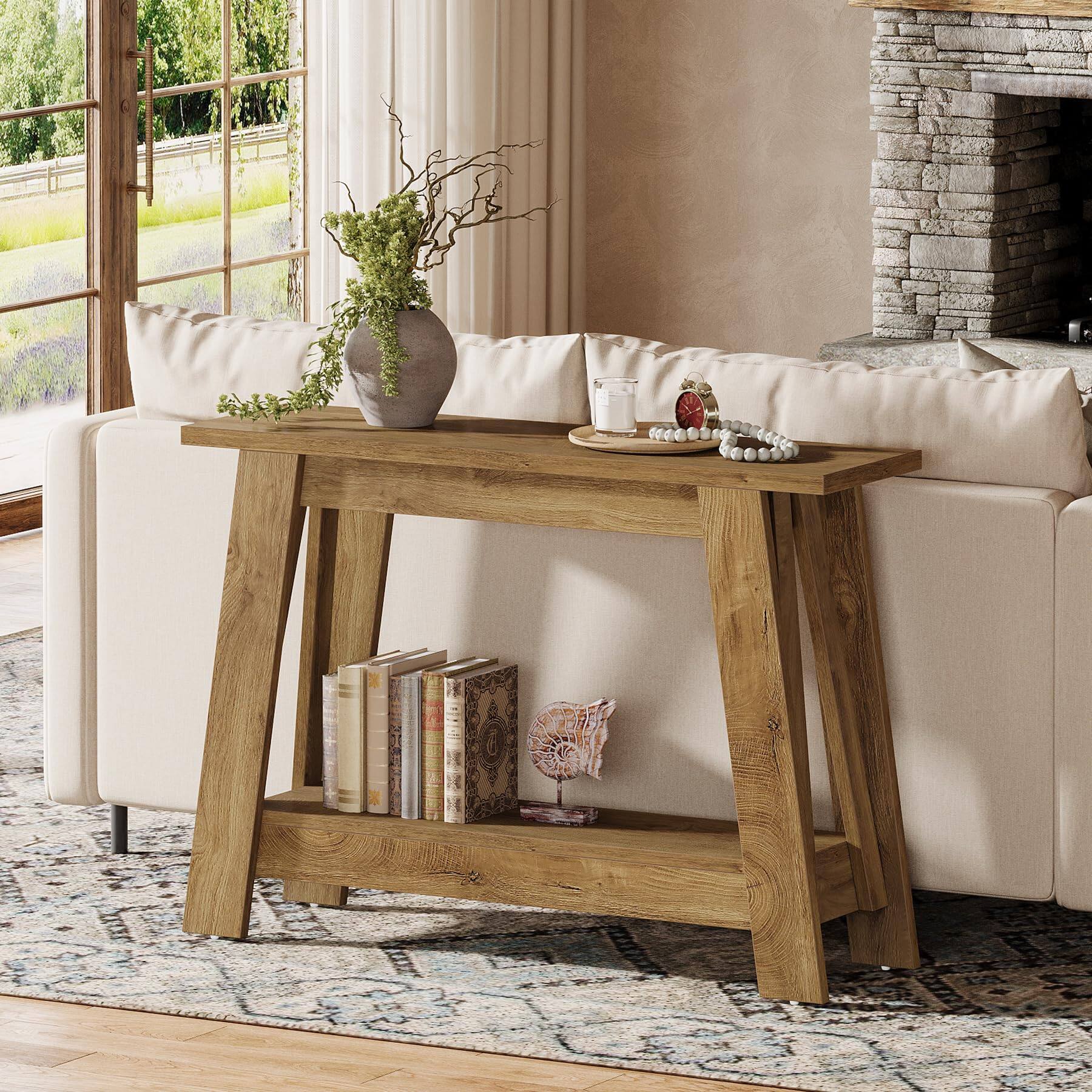 Left. Tribesigns - 41.3" Farmhouse Console Table, 2-Tier Wooden Entryway Table with Storage, Rustic Narrow Behind Couch for Living Room, Ha - Natural.