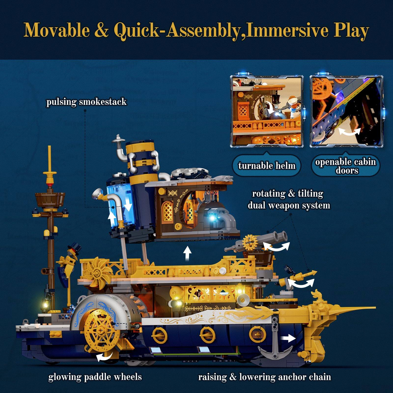Movable & Quick-Assembly, Immersive Play

- pulsing smokestack
- turnable helm
- openable cabin doors
- rotating & tilting dual weapon system
- glowing paddle wheels
- raising & lowering anchor chain
