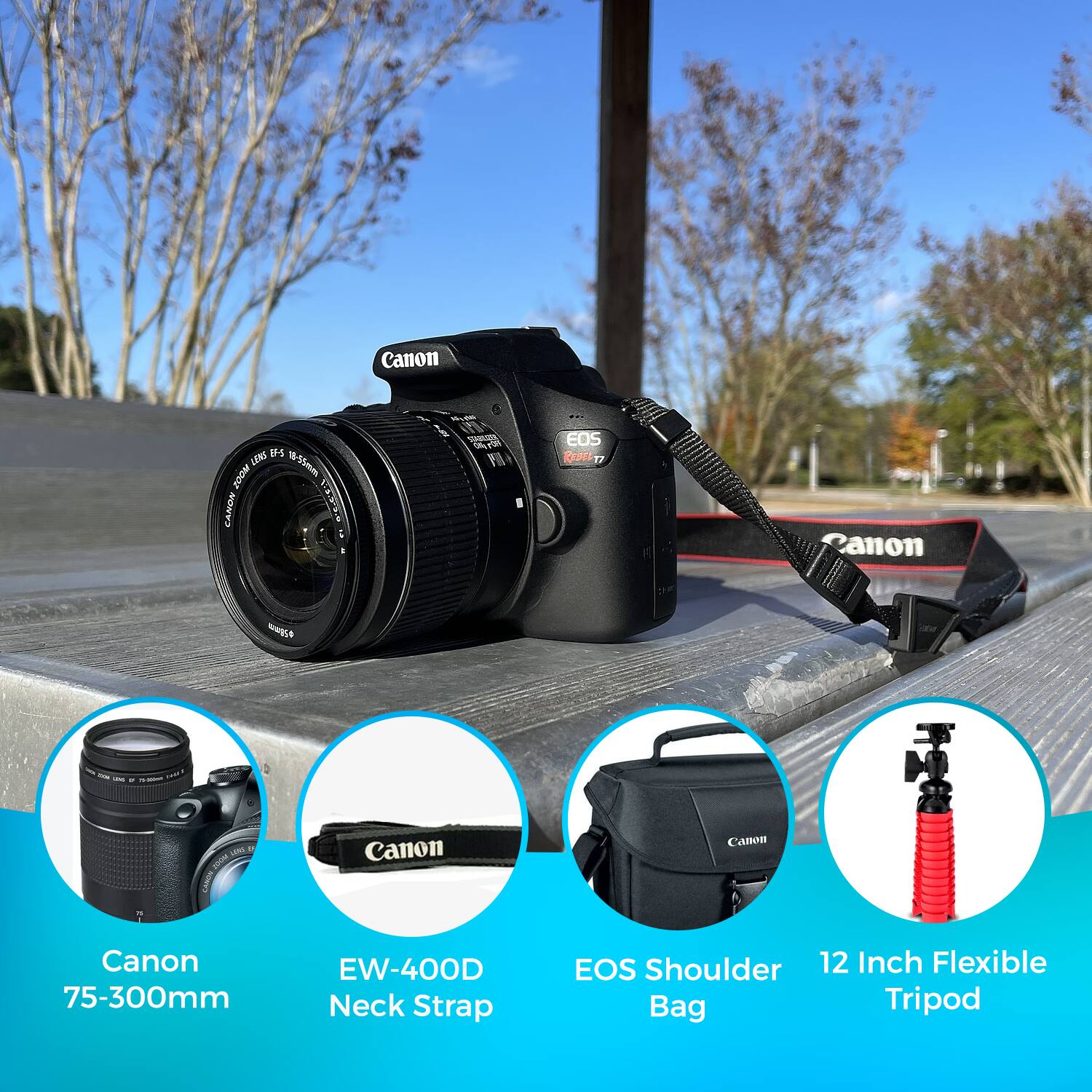 Canon IFS LERS 0-55mm 200M CANDA LA - SR F EOS Ds 17 anon g - ..... - - - - uL - NS? Canon Camon Canon 75-300mm EW-400D Neck Strap EOS Shoulder 12 Inch Flexible Bag Tripod

Canon 75-300mm  
EW-400D Neck Strap  
EOS Shoulder Bag  
12 Inch Flexible Tripod