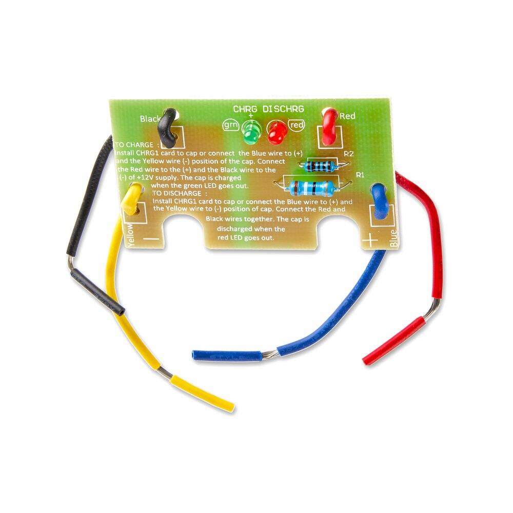 **CHRG DISCHR**

**TO CHARGE:**
- Install CHRG1 card to cap or connect the Blue wire to (+) and the Yellow wire to (-) position of the cap.
- Connect the Red wire to the (+) and the Black wire to the (-) of +12V supply.
- The cap is charged when the green LED goes out.

**TO DISCHARGE:**
- Install CHRG1 card to cap or connect the Blue wire to (+) and the Yellow wire to (-) position of the cap.
- Connect the Red and Black wires together.
- The cap is discharged when the red LED goes out.

**Color Coding:**
- Blue wire: (+)
- Yellow wire: (-)
- Red wire: (+)
- Black wire: (-)