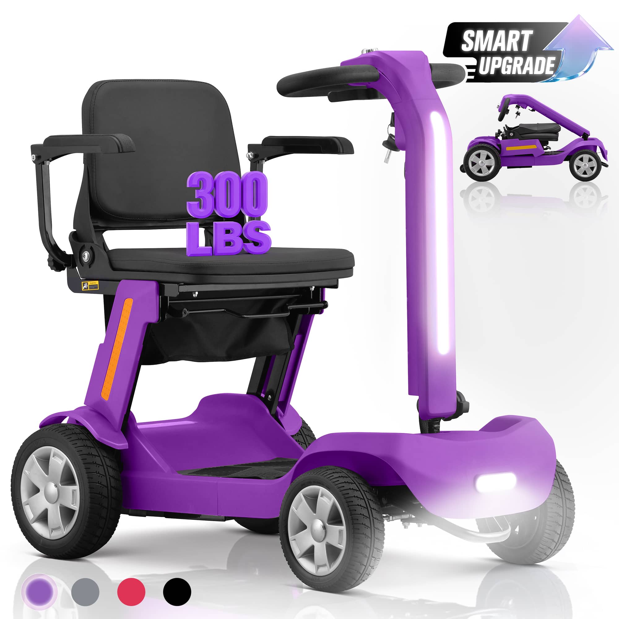 Hover Heart - 4-Wheel Foldable Mobility Scooter for Adults & Seniors, Lightweight Travel Scooter with LED Lights, Storage Bag, Charger - Purple