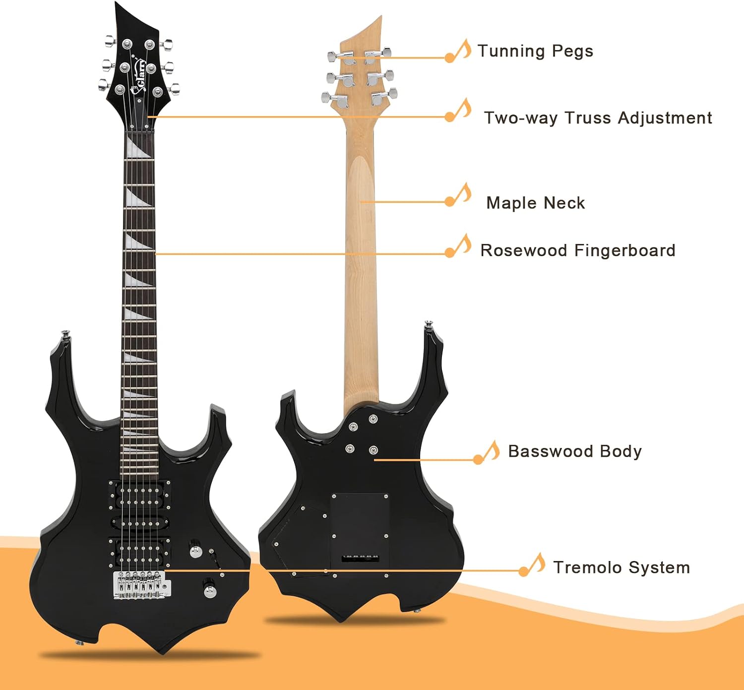 Tuning Pegs  
Two-way Truss Adjustment  
Maple Neck  
Rosewood Fingerboard  
Basswood Body  
Tremolo System