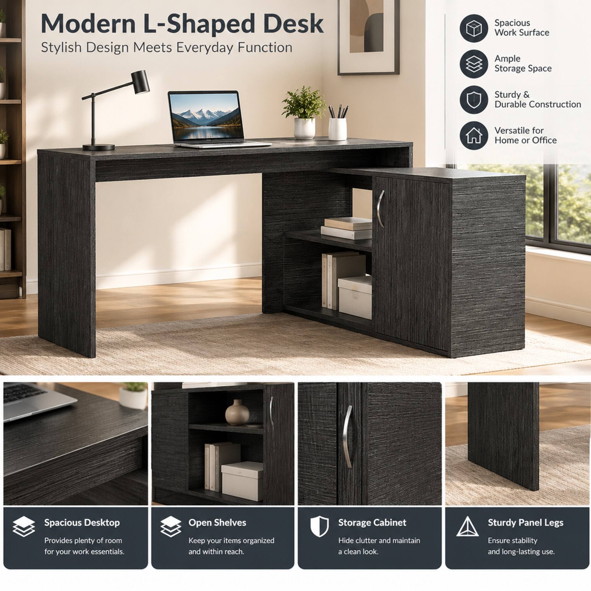 Modern L-Shaped Desk  
Stylish Design Meets Everyday Function  

Spacious Work Surface  
Ample Storage Space  
Sturdy & Durable Construction  
Versatile for Home or Office  

Spacious Desktop  
Open Shelves  
Storage Cabinet  
Sturdy Panel Legs  

Provides plenty of room for your work essentials.  
Keep your items organized and within reach.  
Hide clutter and maintain a clean look.  
Ensure stability and long-lasting use.