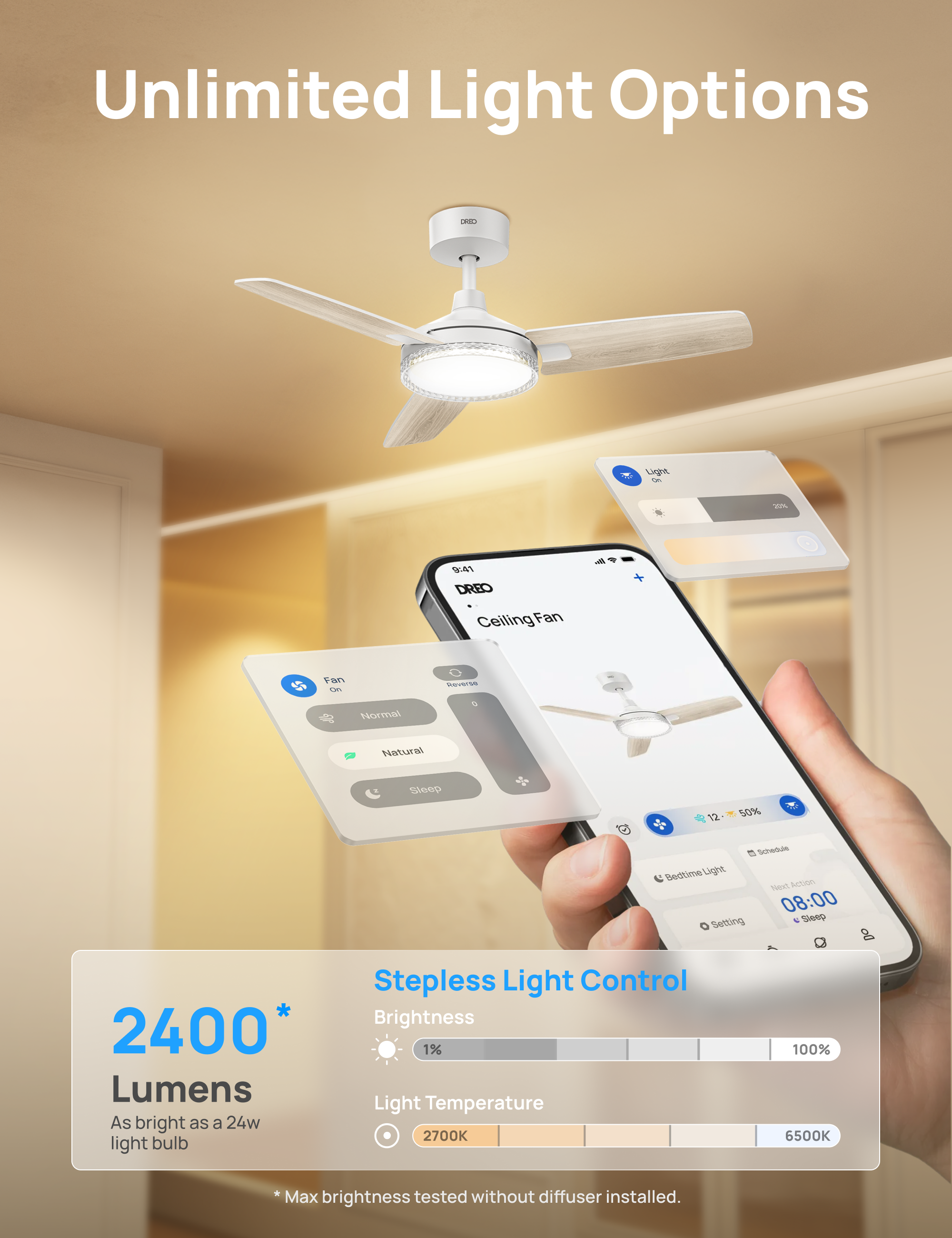 Unlimited Light Options

Light - VA 4T 4 DREO Ceiling Fan

5 PRVETSN Normal Natural Sleep

12 50% Sceode Bedtime Light sea Action 08:00 Setting S4

Stepless Light Control

Brightness 2400* 1% Lumens

Light Temperature As bright as a 24W 2700K light bulb 100% 6500K

*Max brightness tested without diffuser installed.