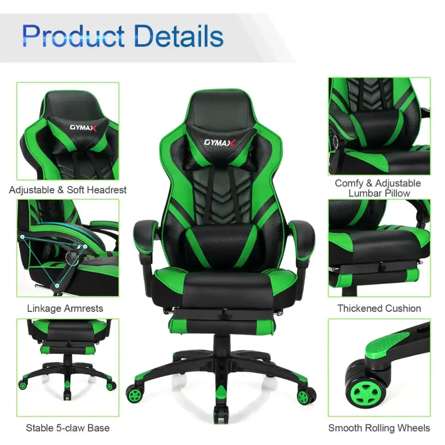 Product Details:
- Adjustable & Soft Headrest
- Comfy & Adjustable Lumbar Pillow
- Linkage Armrests
- Thickened Cushion
- Stable 5-claw Base
- Smooth Rolling Wheels