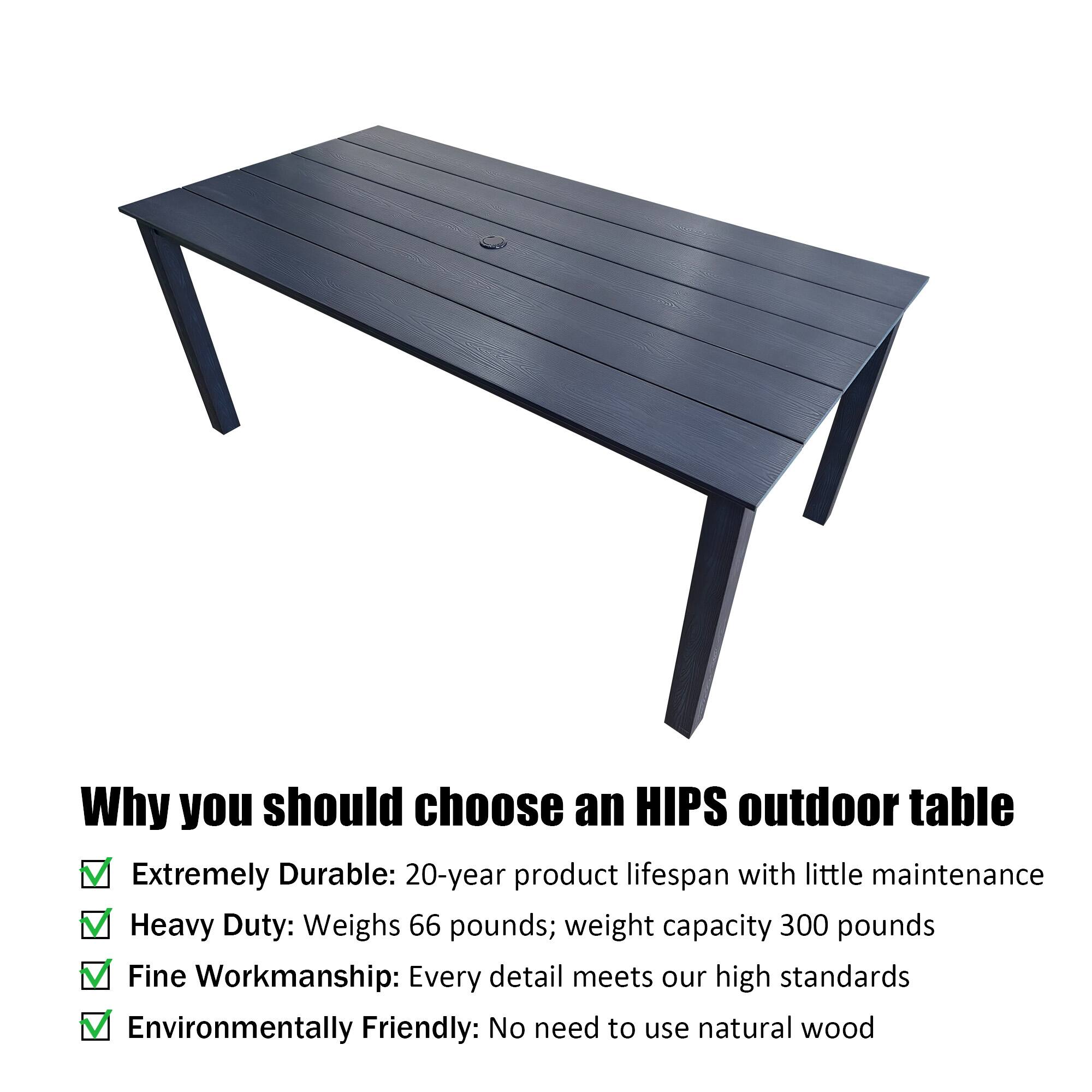 Why you should choose an HIPS outdoor table

- Extremely Durable: 20-year product lifespan with little maintenance
- Heavy Duty: Weighs 66 pounds; weight capacity 300 pounds
- Fine Workmanship: Every detail meets our high standards
- Environmentally Friendly: No need to use natural wood