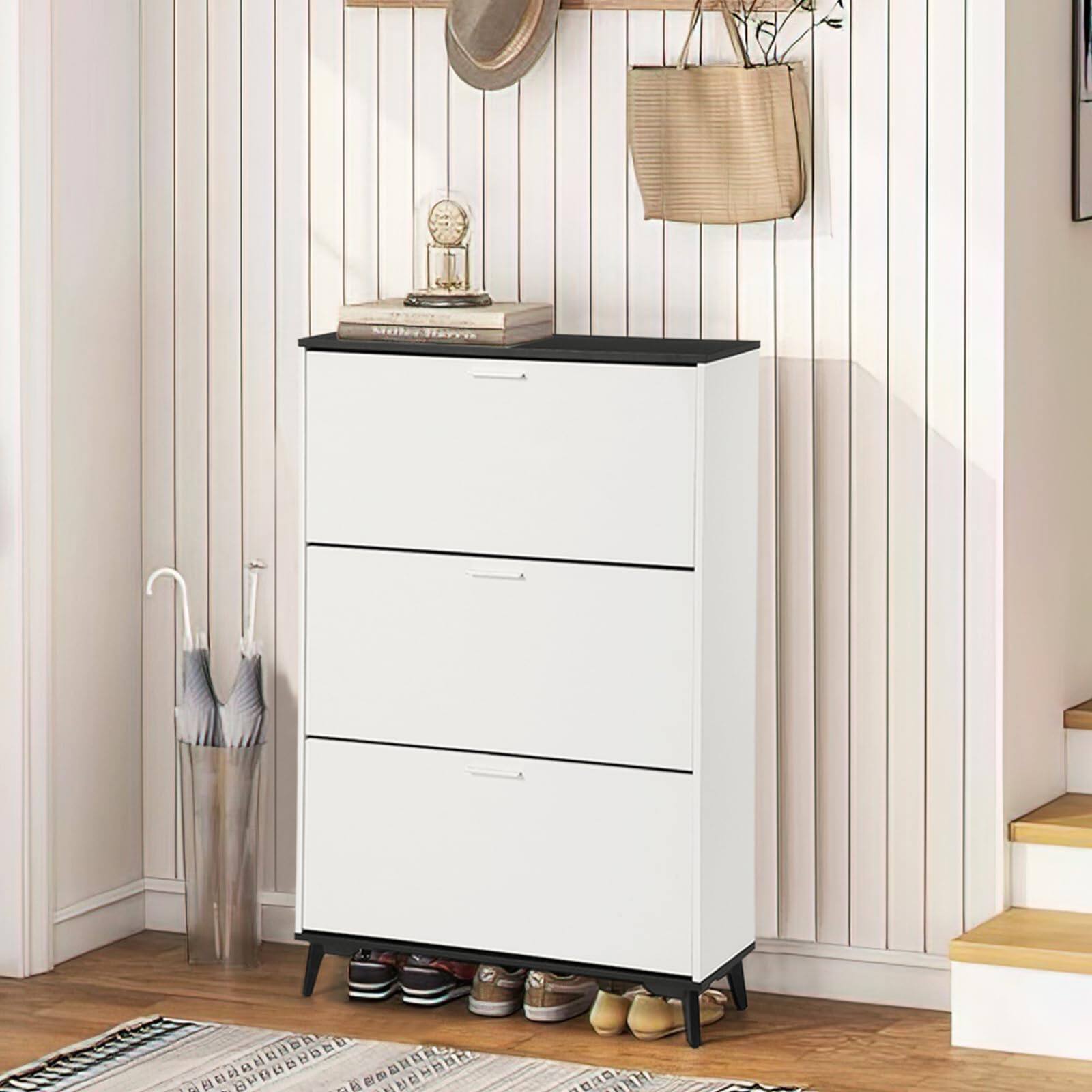 Angle. Babevy - 47" Shoe Storage Cabinet with 3 Flip Drawers, Narrow Freestanding Wooden Shoe Organizer for Entryway - White.