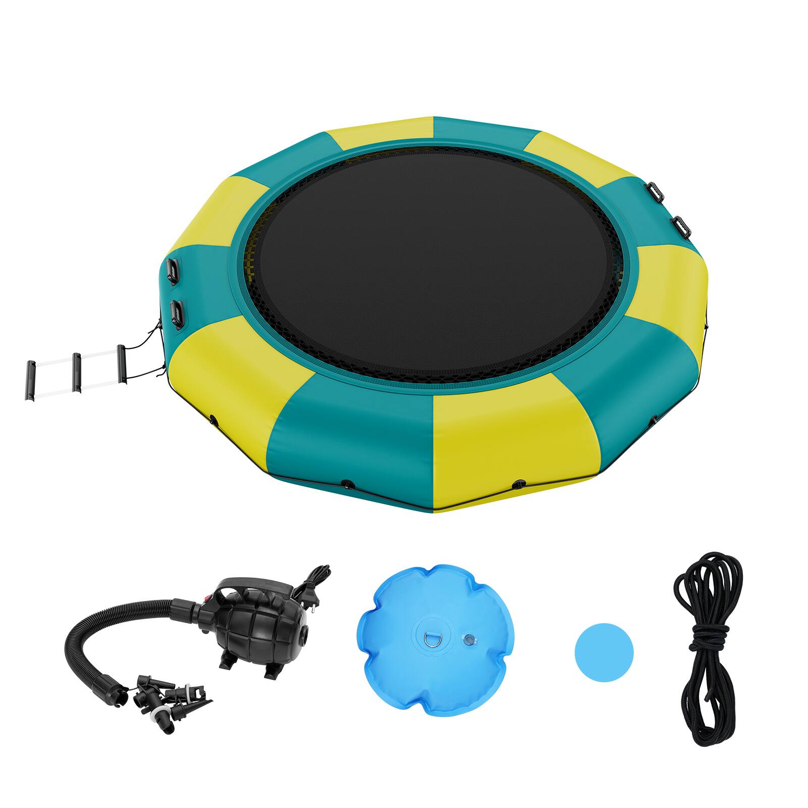 Front. VEVOR - Inflatable Water Bouncer, 13ft Recreational Water Trampoline, Portable Bounce Swim Platform with 3-Step Ladder - Yellow, green.