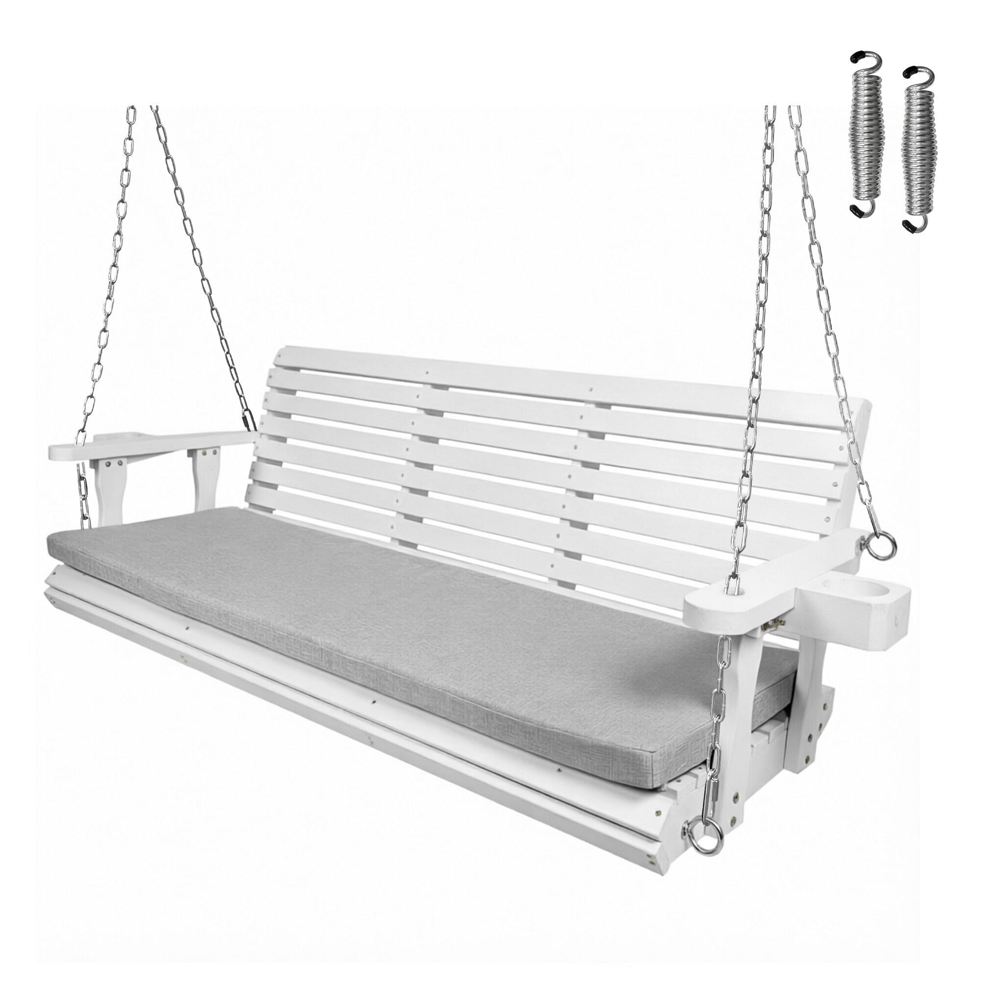 Angle. Fortune Candy - Outdoor Wooden Porch Swing, 5 FT Patio Hanging Bench with Cushion, Heavy Duty 880 LBS, Weather-Resistant for Backyard - White.