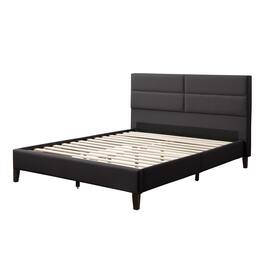 CorLiving - Emerson Dark Grey Upholstered Full/Double Platform Bed Frame with Rectangle Tufted Headboard and Slats - Dark Gray