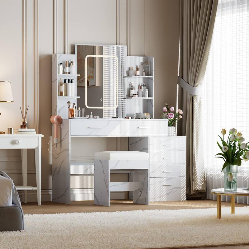 Back. GARVEE - Vanity Desk with Mirror and Lights, Stool, LED Mirror, 6 Drawers, 4 Shelves, 3-Color Lighting, Beauty Organizer - Marble White.