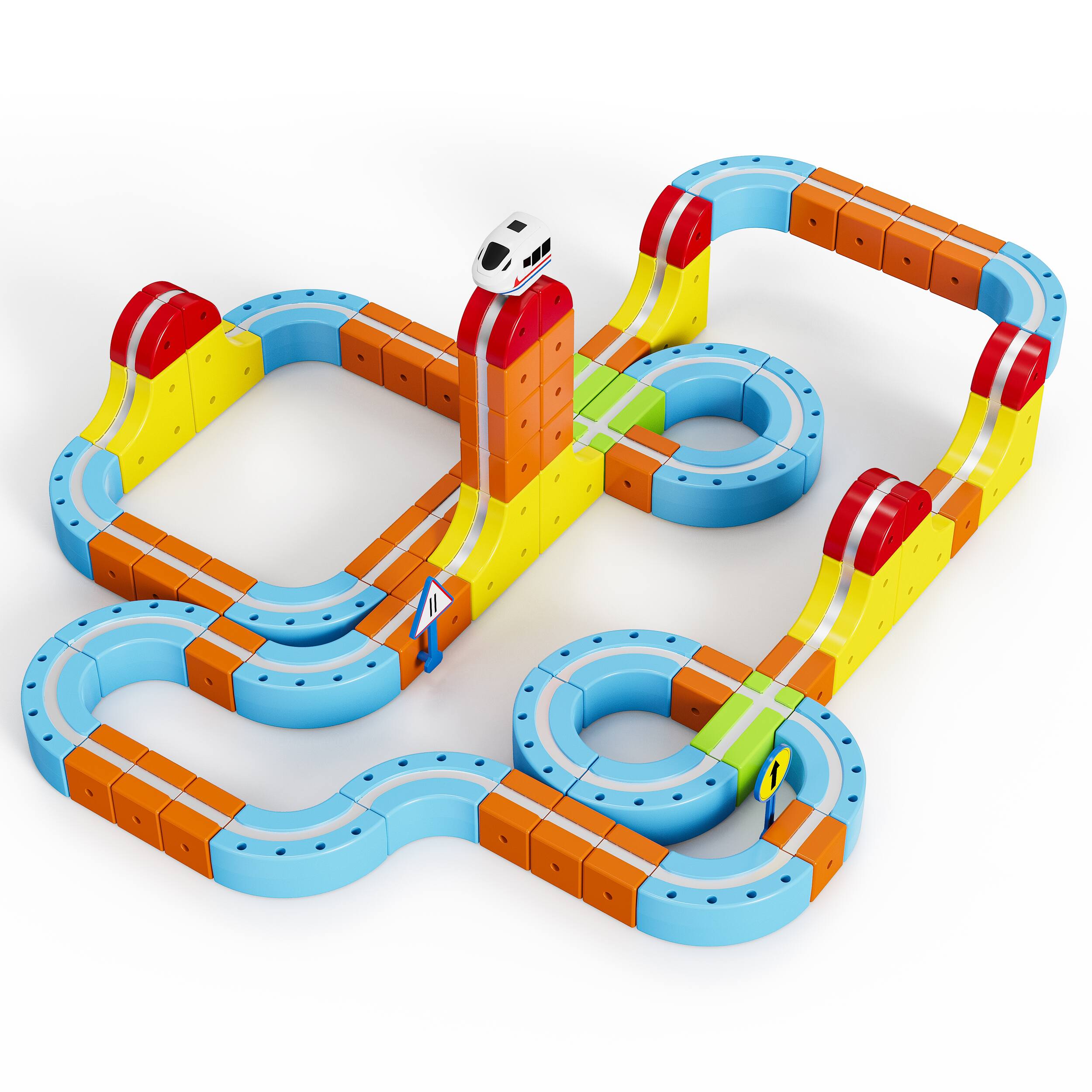 Alt View 3. Contixo - MT2 Magnetic Train Track Building Set, 150-Piece 3D Snap-Fit Track with Vertical Climbing & 2 Magnetic Trains.