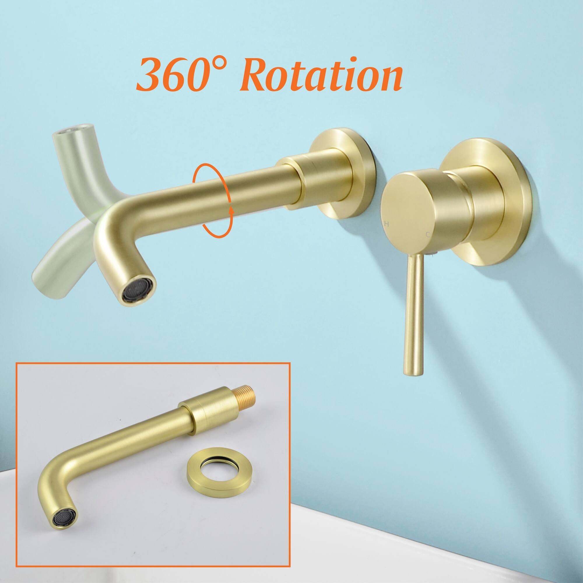 Alt View 8. Boyel Living - Brushed Gold Wall Mount Basin Faucet Single Handle 360° Swivel Spout - Brushed Gold.