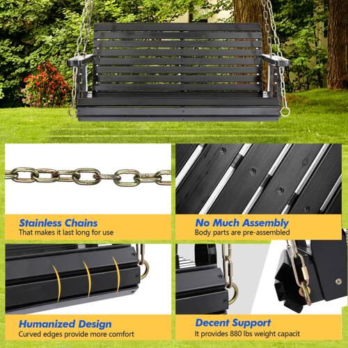 Stainless Chains That makes it last long for use  
No Much Assembly Body parts are pre-assembled  
Humanized Design Curved edges provide more comfort  
Decent Support It provides 880 lbs weight capacity