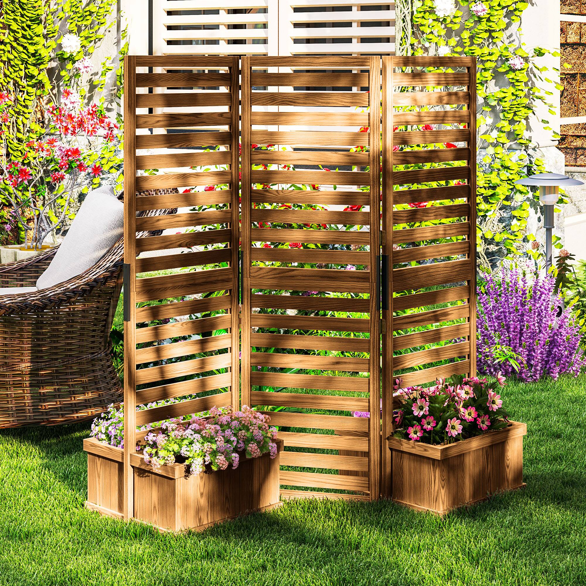 Alt View 1. Outsunny - Wood Privacy Screen w/ 4 Planter Box - Natural Wood.