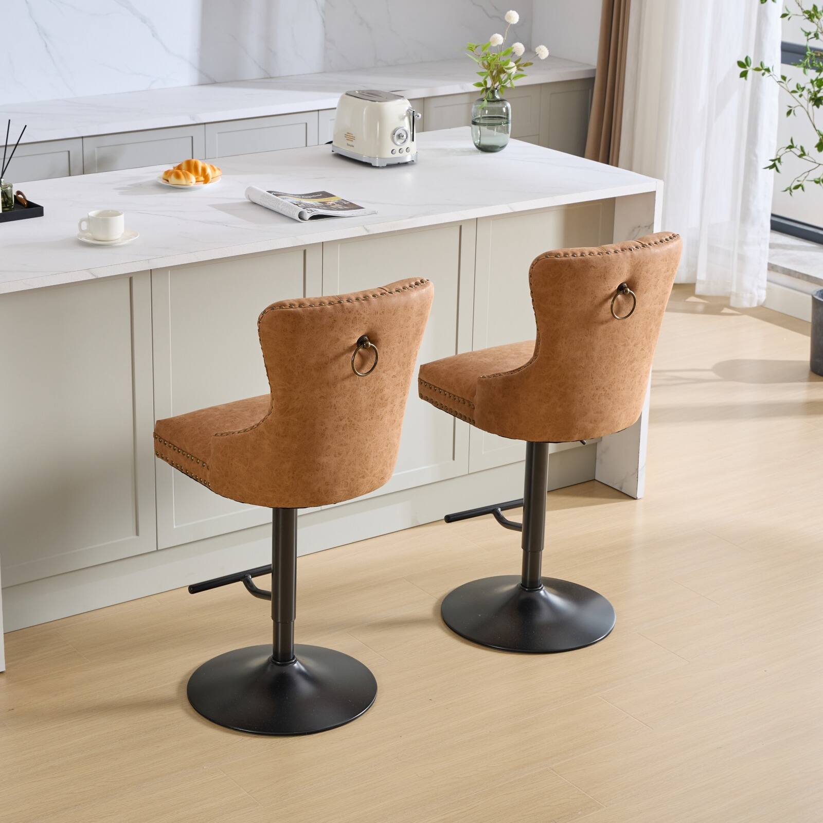 Alt View 1. PexFix - Modern Retro Bar Stools with Backs, Set of 2, Comfortable Tufted Leather, Adjustable Swivel for Home Pub - Orange.