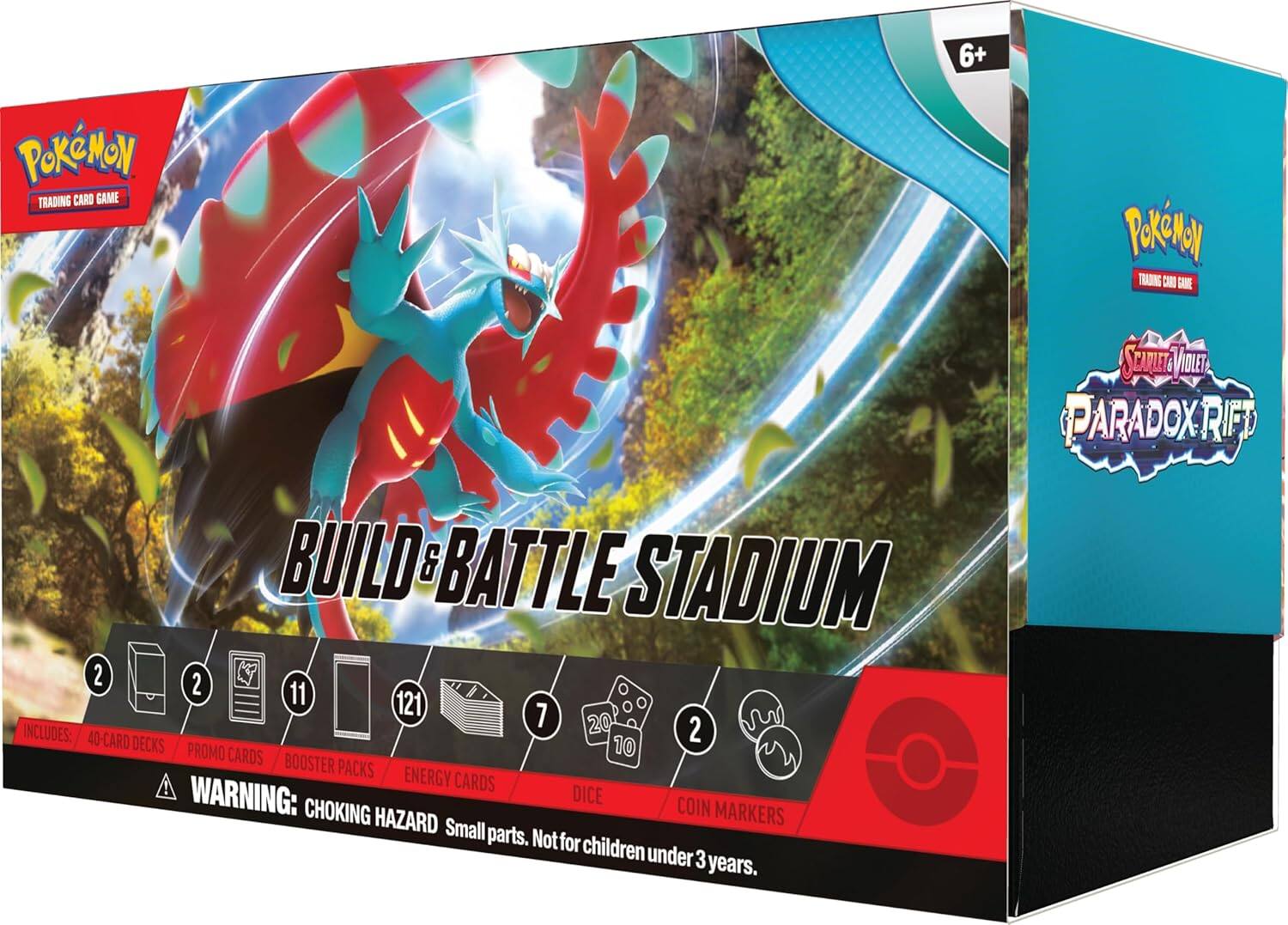 **Pokémon Trading Card Game**

**Build & Battle Stadium**

**Includes:**
- 2 x 40-card decks
- 10 promo cards
- 11 booster packs
- 121 energy cards
- 7 dice
- 20 coin markers
- 2 coin markers

**Warning:** Choking hazard. Small parts. Not for children under 3 years.

**Scarlet & Violet: Paradox Rift**