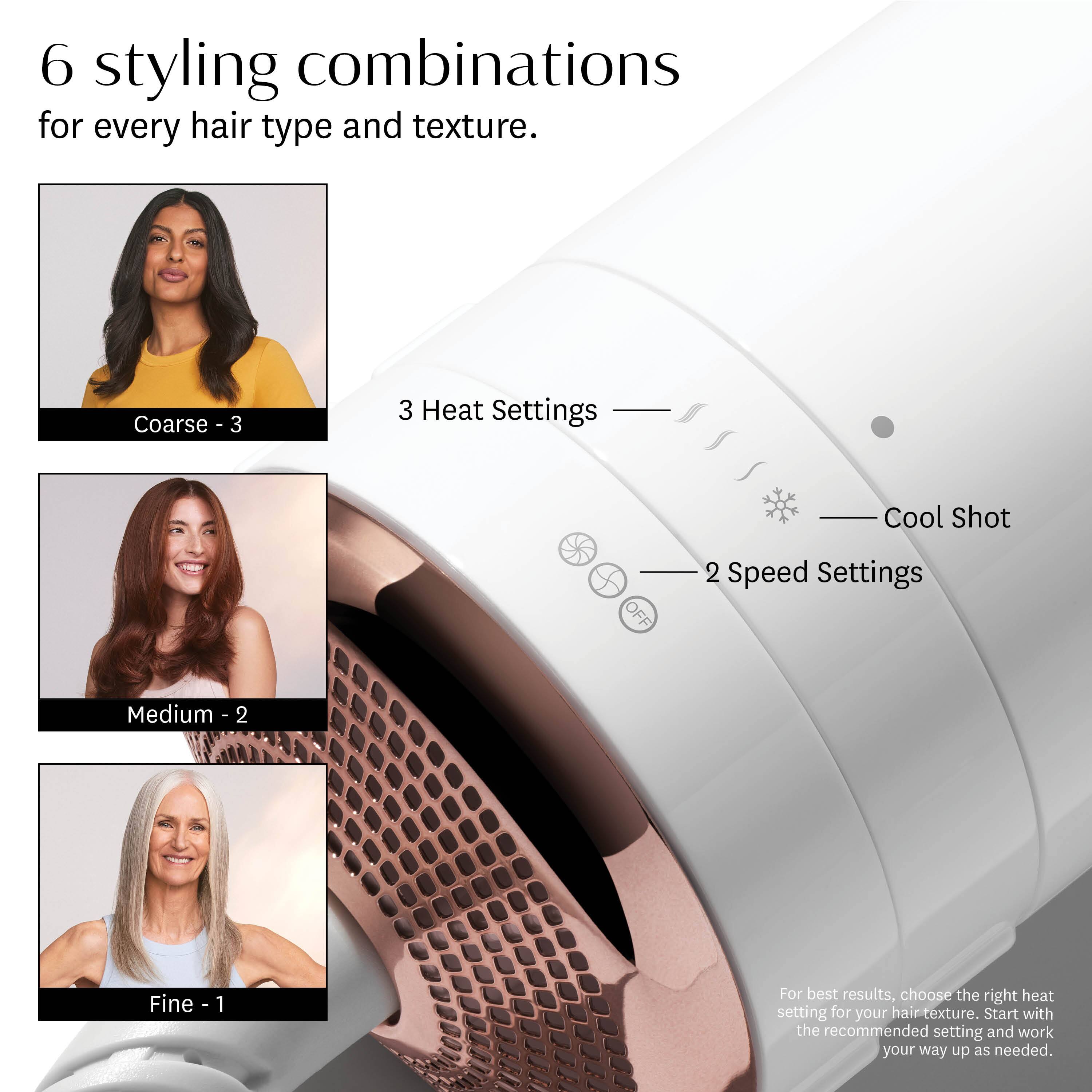 6 Styling Combinations for Every Hair Type and Texture:

1. Coarse Hair - 3 Heat Settings:
- Cool Shot OFF
- 2 Speed Settings
- Medium I
2. Medium Hair - 2 Heat Settings:
- Cool Shot OFF
- 2 Speed Settings
3. Fine Hair - 1 Heat Setting:
- Cool Shot OFF
- 1 Speed Setting

For best results, choose the right heat setting for your hair texture. Start with the recommended setting and work your way up as needed.
