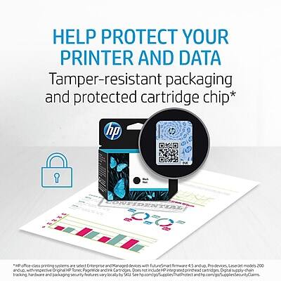 HELP PROTECT YOUR PRINTER AND DATA

Tamper-resistant packaging and protected cartridge chip*

*HP OfficeJet printing systems are select Enterprise and Managed devices with FutureSmart firmware 4.5 and uD Pro devices, LaserJet models 200 and LP. with respective Original HP Tones PageWide and I Cartridges. Does not include HP cartridges.

Digital supply-chain tracking hardware and packaging security features vary locally by SKU. See hp.com/SupplyChainSecurity and hp.com/SupplyChainSecurity for more information.

Tracking, hardware, and packaging security features vary locally by SKU. See hp.com/SupplyChainSecurity and hp.com/SupplyChainSecurity for more information.