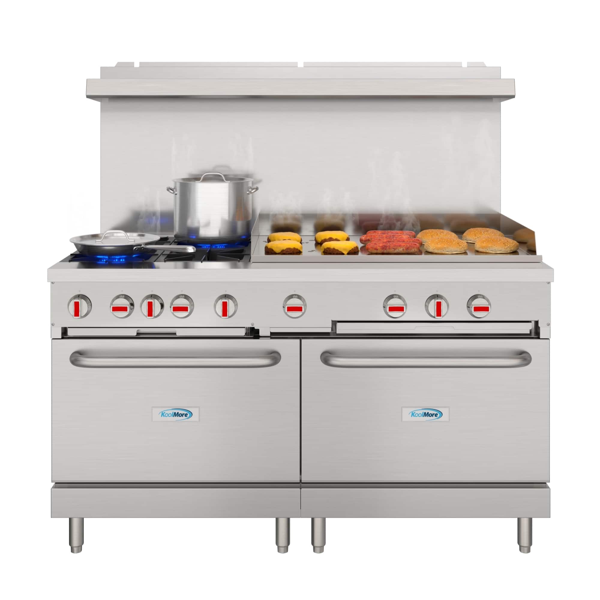 Koolmore - 60 in. Commercial Natural Gas Range with 4 Burners, 36 in. Griddle, 2 Standard Ovens in Stainless-Steel (KM-CRG364-NG) - Stainless Steel