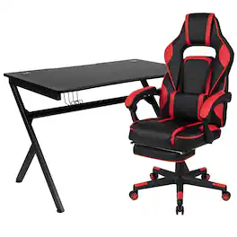 Emma + Oliver - Gaming Desk Set - Cup/Headset Holder/Reclining & Footrest - Red
