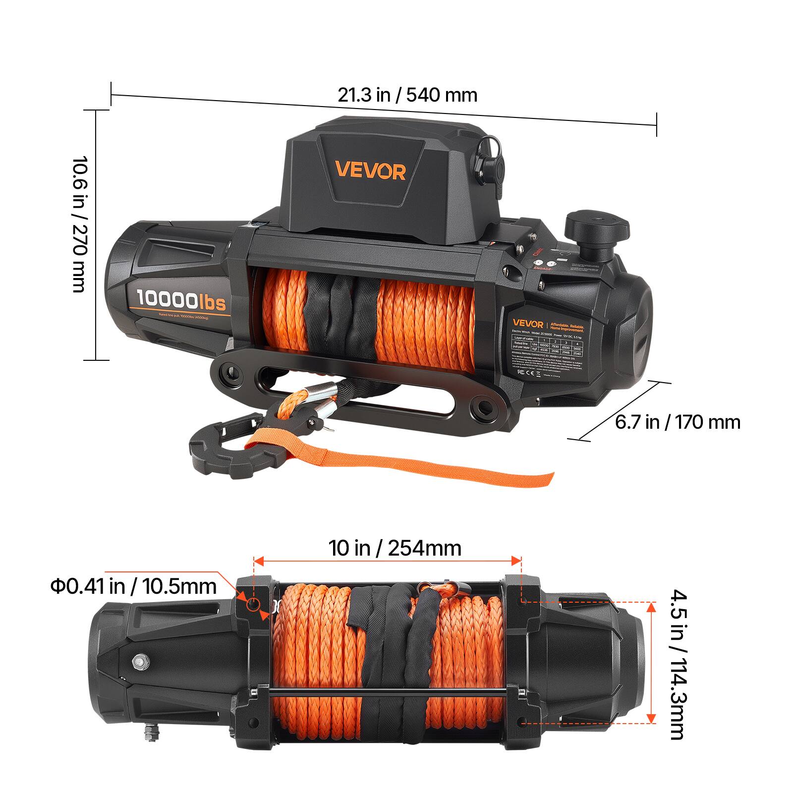 21.3 in / 540 mm  
10.6 in / 270 mm  
10000 lbs  
VEVOR  
6.7 in / 170 mm  
0.41 in / 10.5 mm  
10 in / 254 mm  
4.5 in / 114.3 mm