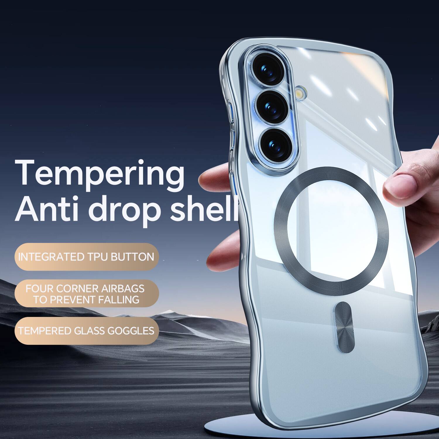 Tempering Anti drop shell  
INTEGRATED TPU BUTTON  
FOUR CORNER AIRBAGS TO PREVENT FALLING  
TEMPERED GLASS GOGGLES