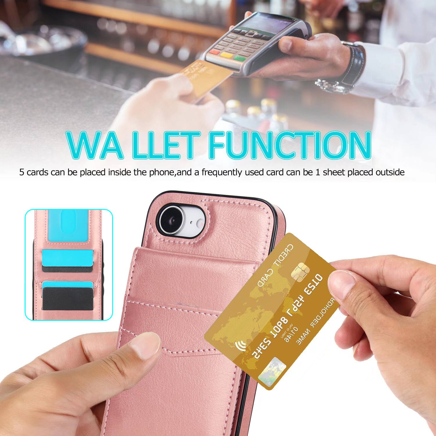 WA LLET FUNCTION  
5 cards can be placed inside the phone, and a frequently used card can be 1 sheet placed outside  
CREDIT CARD HOLDER  
1 OP8 LT OA LAHT  
ANTID NAME 2345