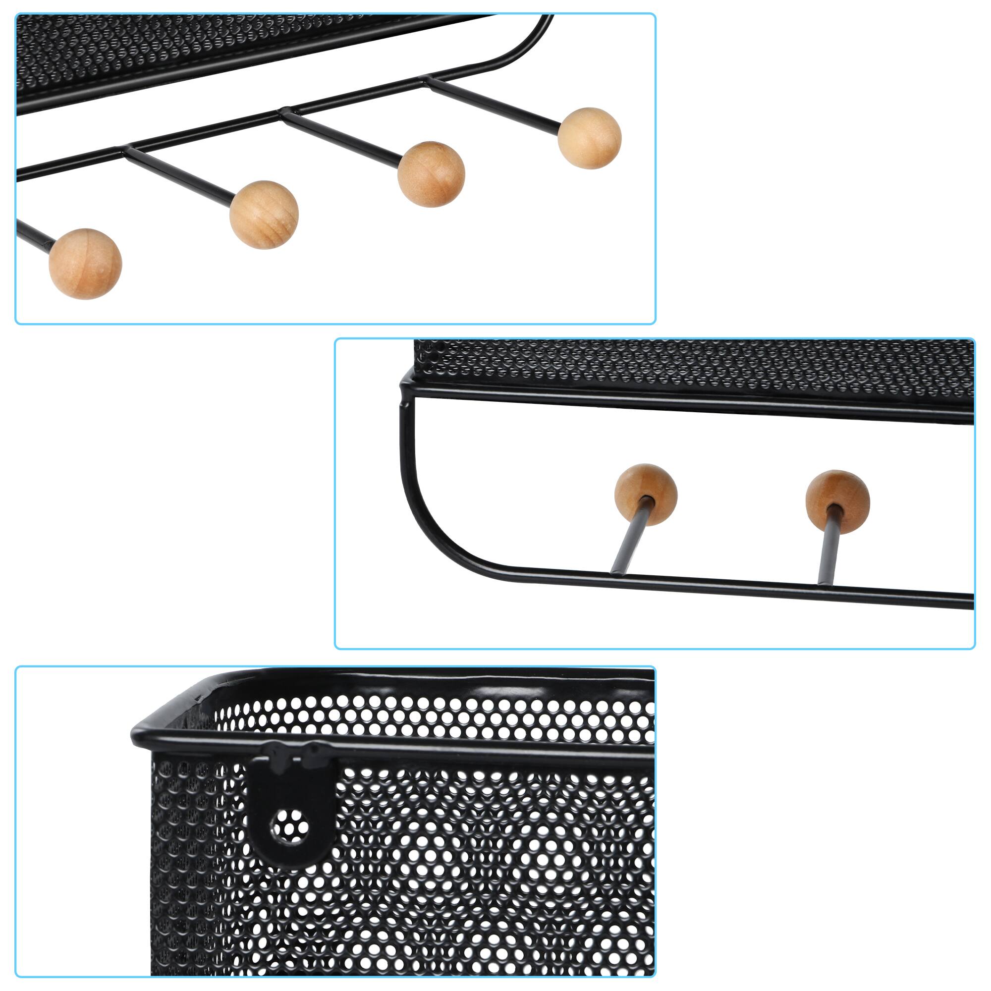 Left. Oumilen - Mesh Wall Storage Basket with Wooden Hooks, Black.