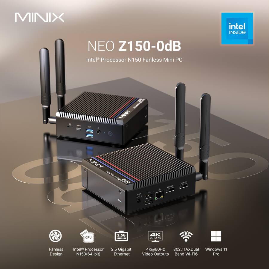 MINIX Z150 0dB Fanless Mini PC with 16GB DDR4/512GB M.2 PCle 3.0 x MINIX Z150 0dB Fanless Mini PC with 16GB DDR4/512GB M.2 PCle 3.0 x