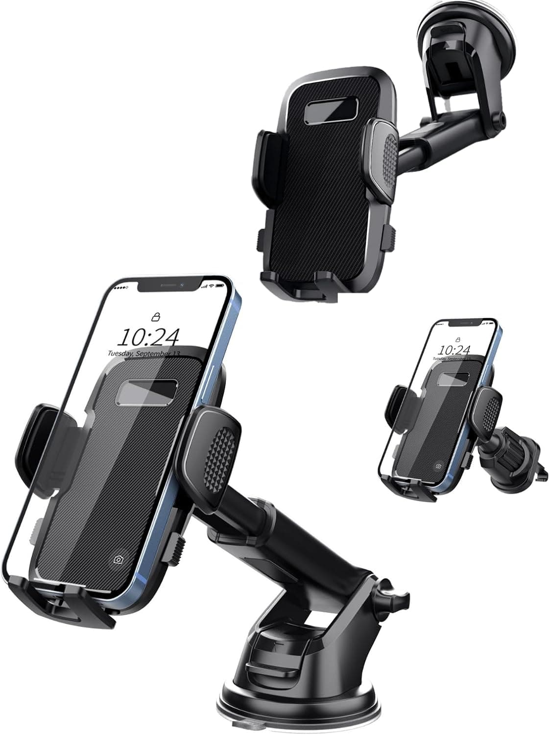 CardiVox - 3-in-1 Car Phone Holder Mount for iPhone & Android, Dashboard & Windshield Cell Phone Holder, Vent Mount, 360° - Black
