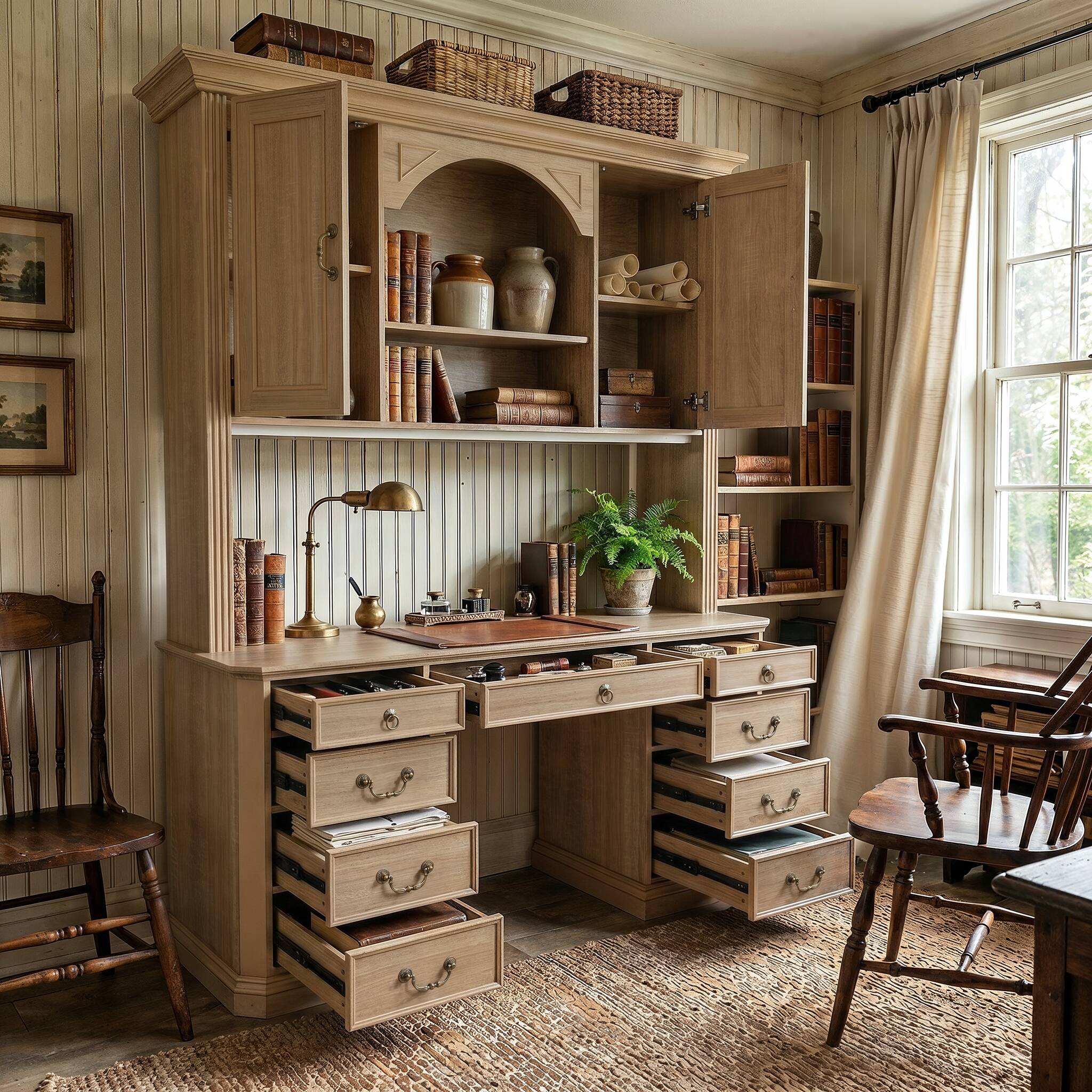 Back. Famapy - Bookcase Desk with Hutch & Drawers, Large Computer Desk with Arched Shelves for Home Library Student Writing Station - Light Wooden.