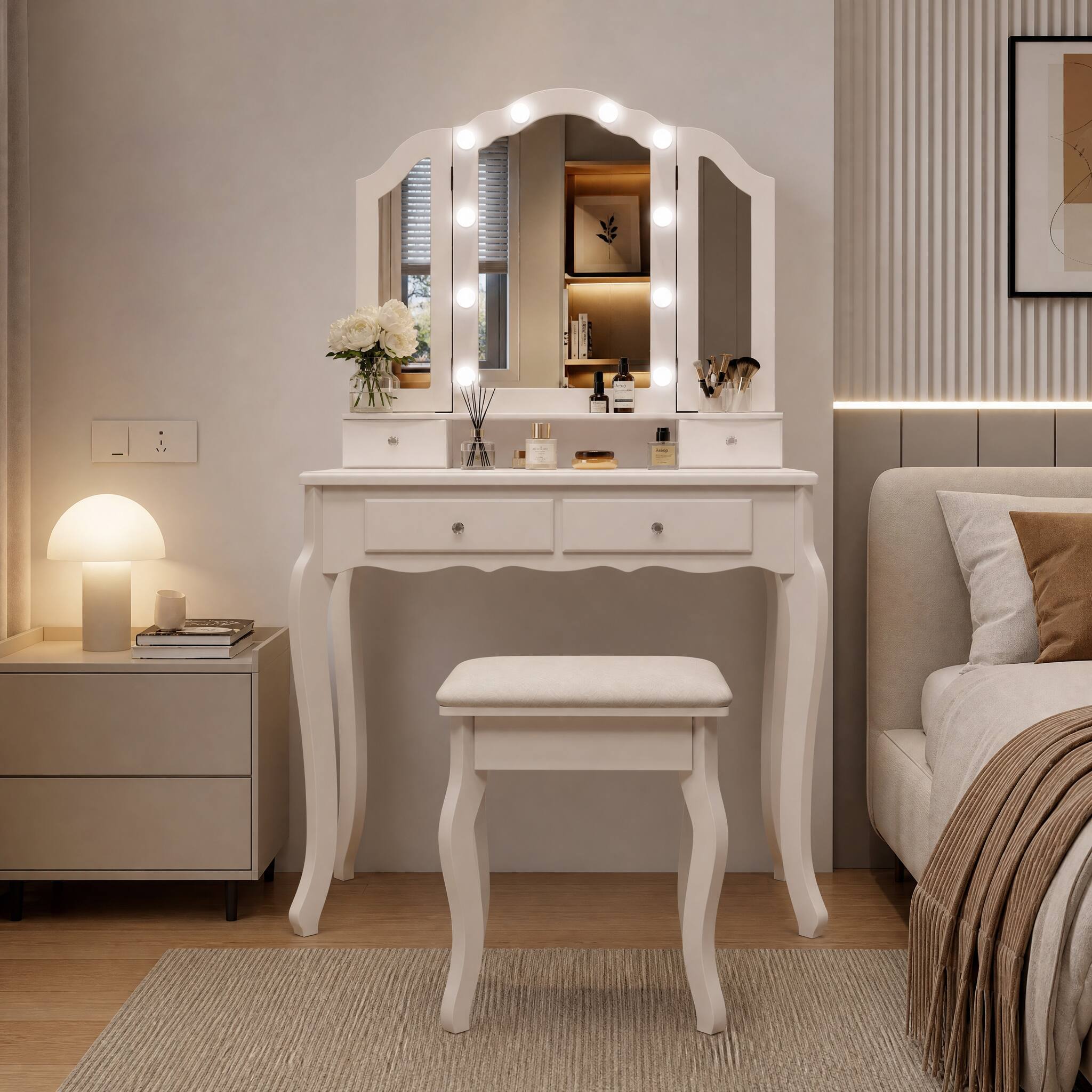Angle. WELLFOR - Classic Makeup Vanity Table Set with Hollywood Lighted Mirror, 4 Drawers and Padded Stool for Bedroom Dressing Room - White.
