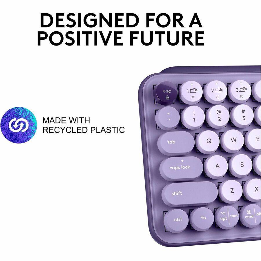 DESIGNED FOR A POSITIVE FUTURE

esc 1 D: F1 2 F2 3 De F3

MADE WITH RECYCLED PLASTIC

tab ! 1 Q 2 W # 3 E caps lock A S shift Z X ctrl fn start opt alt cmd