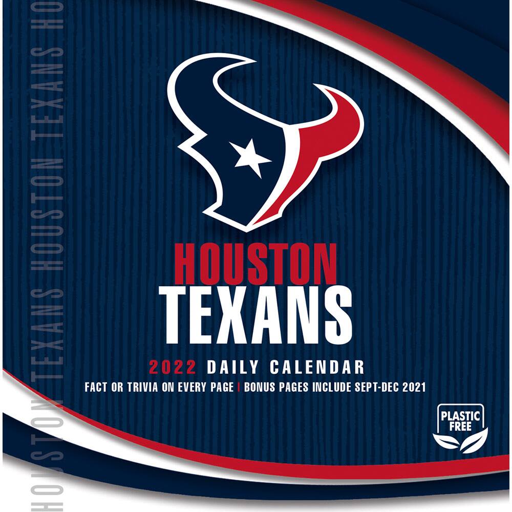 HOUSTON TEXANS  
2022 DAILY CALENDAR  
FACT OR TRIVIA ON EVERY PAGE  
BONUS PAGES INCLUDE SEPT-DEC 2021  
PLASTIC FREE