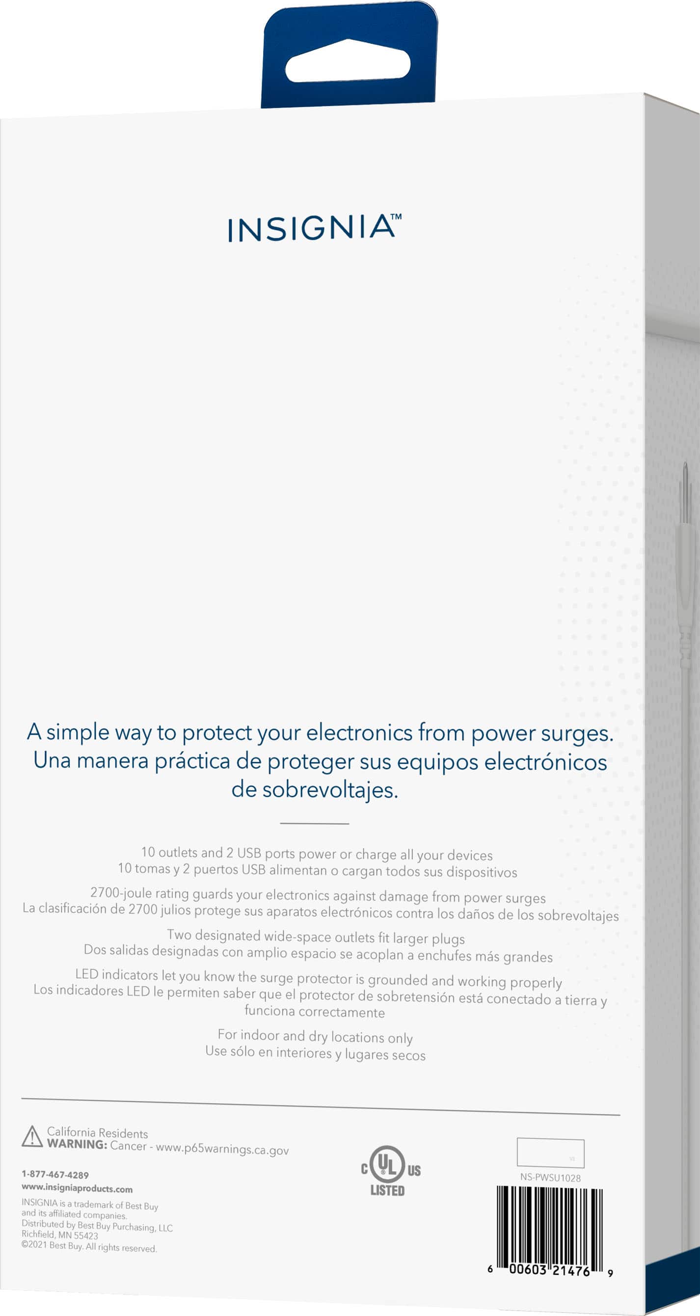 Alt View 14. Insignia™ - 10 Outlet/2 USB 2700 Joules Surge Protector - White.