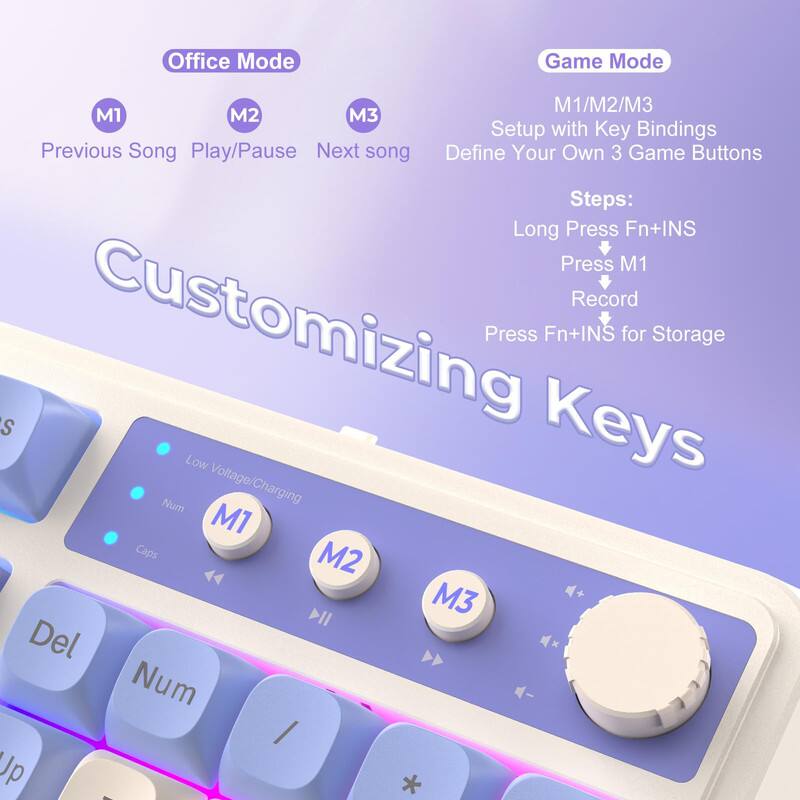 Office Mode  
M1: Previous Song  
M2: Play/Pause  
M3: Next song  

Game Mode  
M1/M2/M3  
Setup with Key Bindings  
Define Your Own 3 Game Buttons  

Steps:  
Long Press Fn+INS  
Press M1  
Record  
Press Fn+INS for Storage  

Customizing Keys  

Low Voltage/Charging  
M1: Caps  
M2: Num  
M3: Del