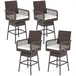 Costway - 4 PCS 29" Patio 360° Swivel Bar Stool with Cross-Woven Armrests Footrest Metal Frame - Off-Whitie