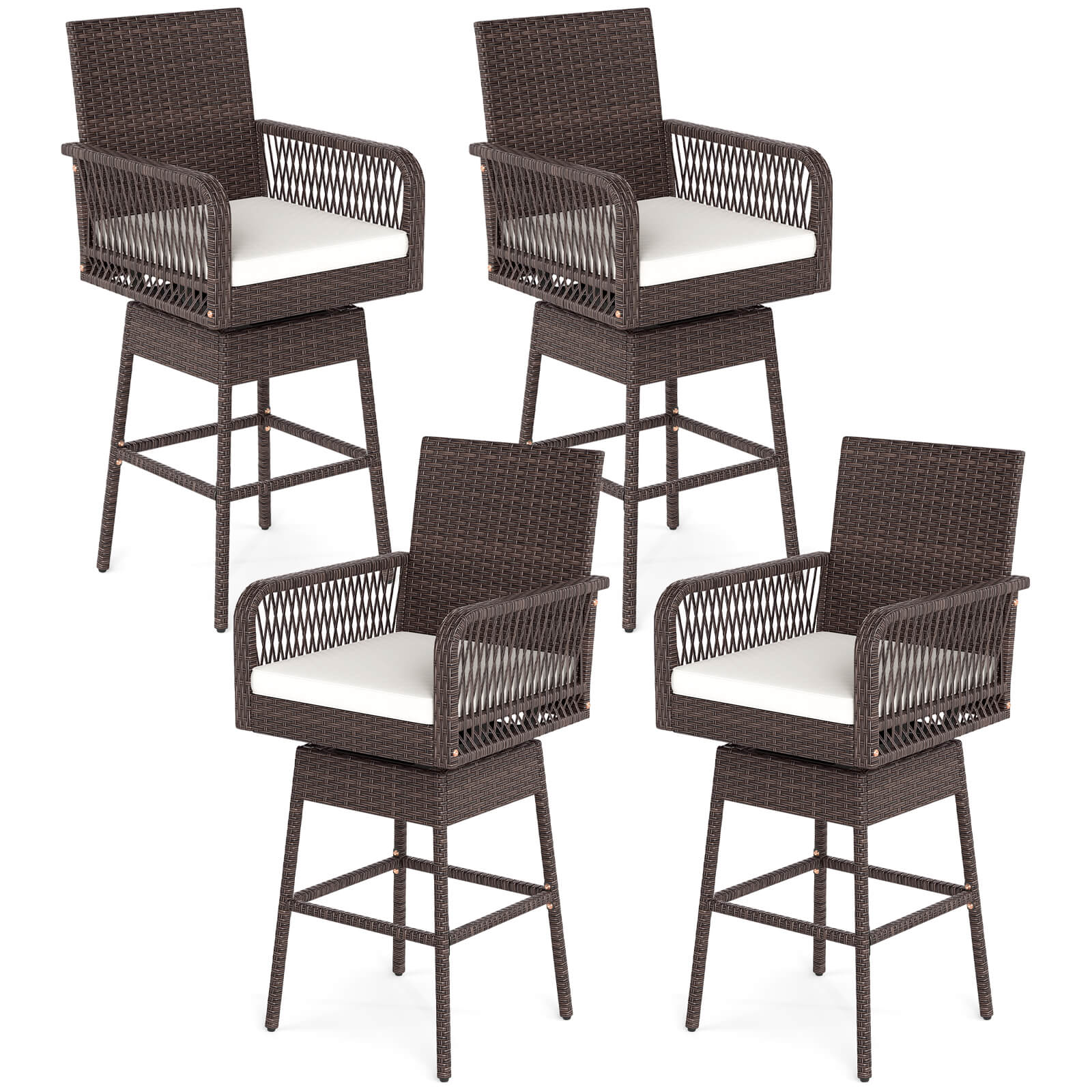 Front. Costway - Costway 4 PCS 29" Patio 360° Swivel Bar Stool with Cross-Woven Armrests Footrest Metal Frame - Mix Brown,Off White.