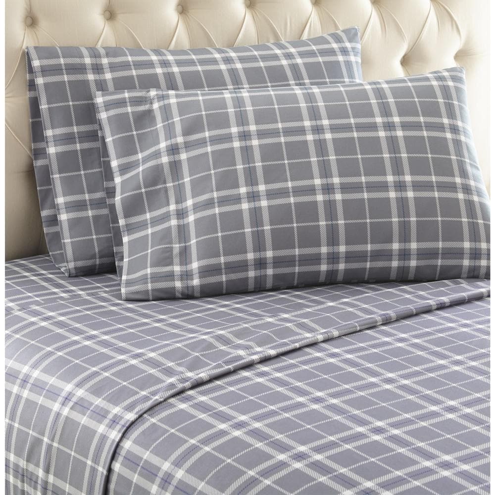 Shavel Home Products - Shavel Micro Flannel Quality Printed Sheet Set - Twin Flat/Fitted Sheet Pillowcase 21x32" - Carlton plaid gray