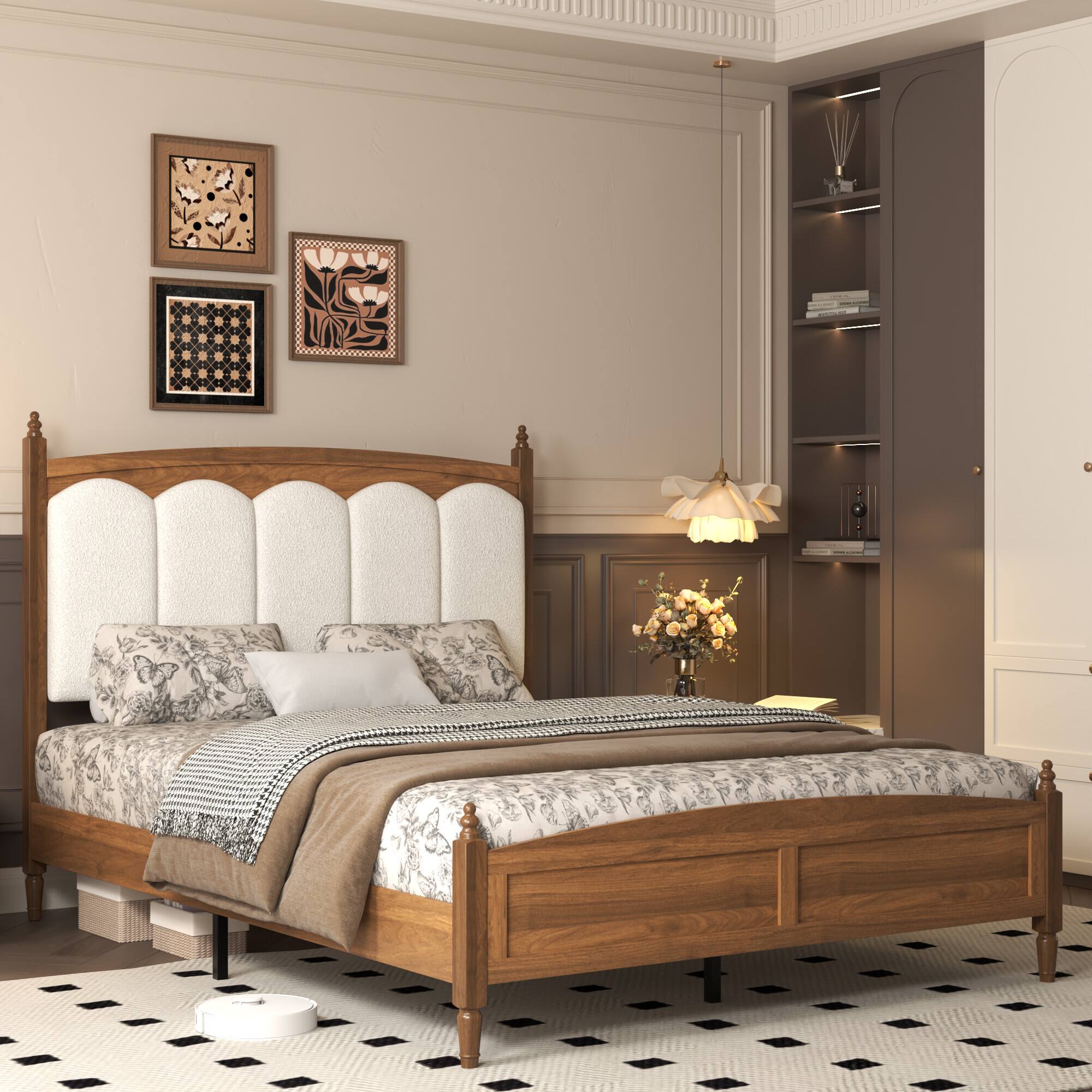 Angle. LUCKY ONE - Queen Size Platform Bed Frame with Upholstered Headboard - Brown.