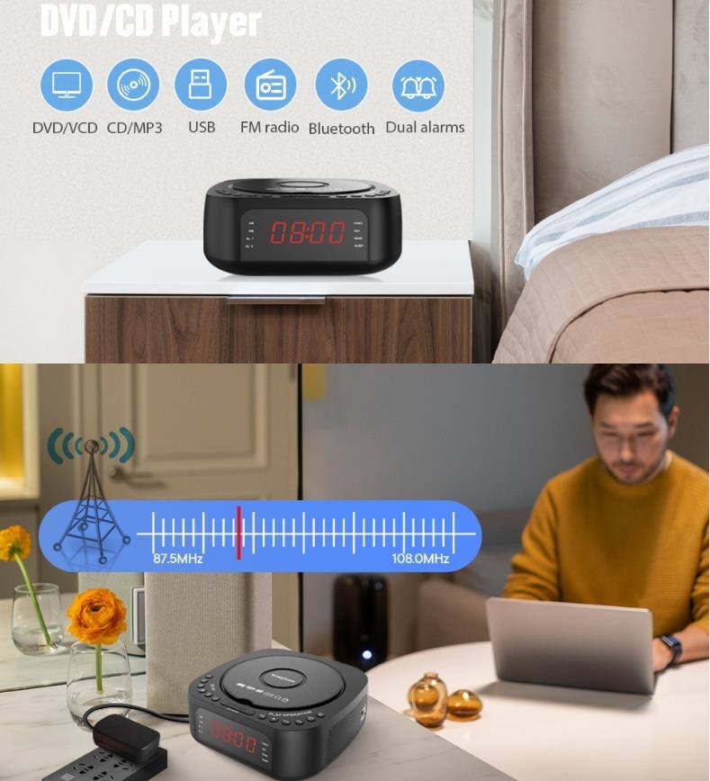 DVD/CD Player  
DVD/VCD CD/MP3 USB FM radio Bluetooth Dual alarms  

08:00  
87.5MHz 108.0MHz