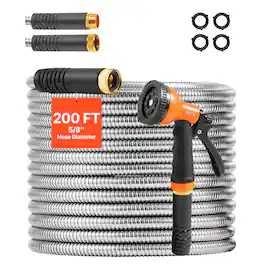 VEVOR - Metal Garden Hose 200 ft, Rust Proof Water Hose, Heavy Duty Backyard Hose with 10 Function Nozzle - Stainless Steel